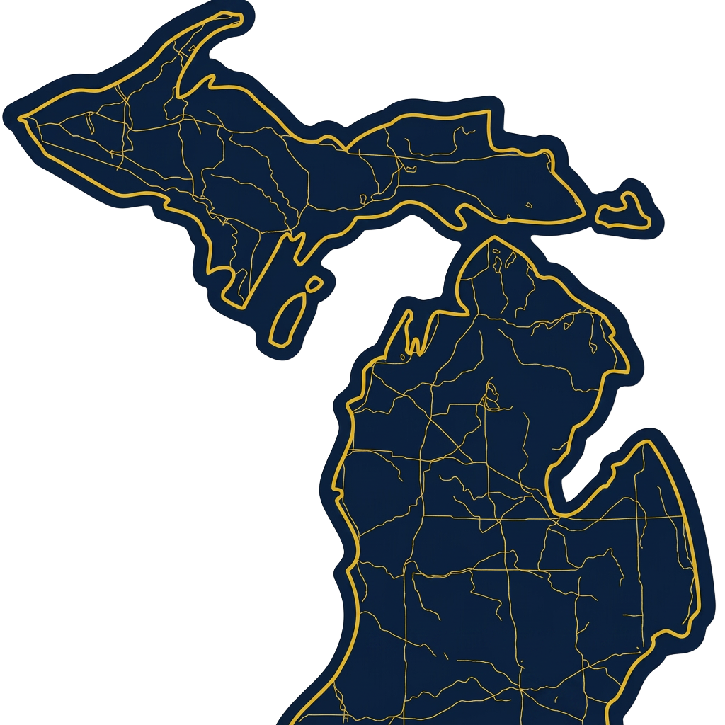 Illustrated map of Michigan in navy and gold — A&E Venture LLC headquarters in Farmington Hills