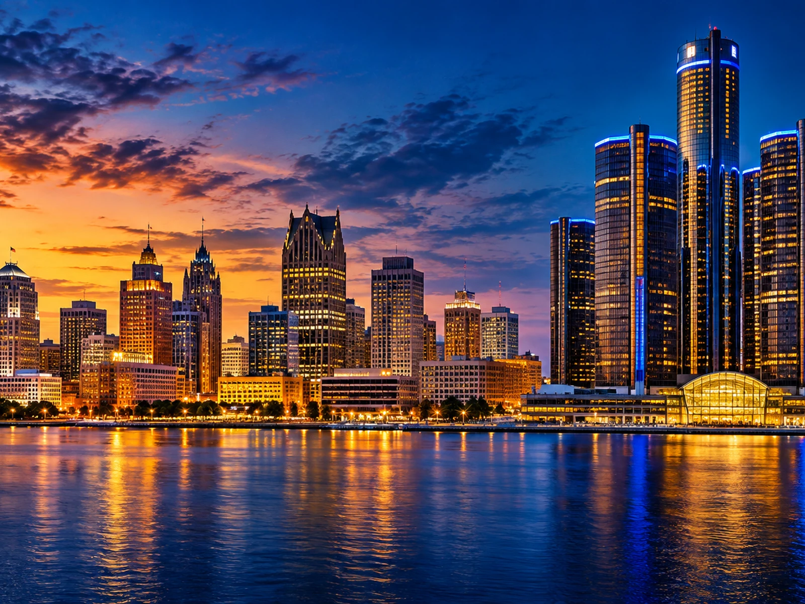 Illustrated twilight Detroit skyline reflected in the river